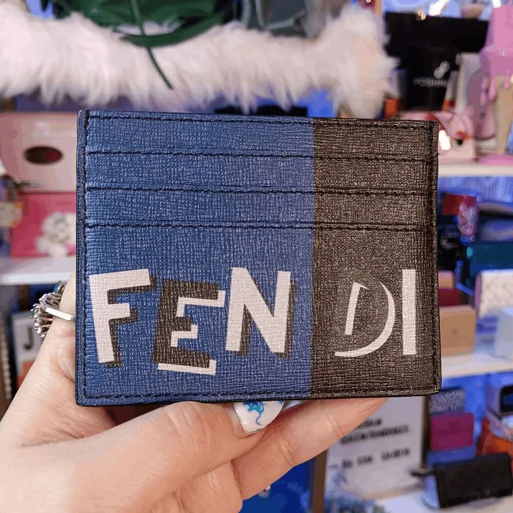 NWT FENDI Vitello Elite Century Shadow Logo Card Holder Blue Neon